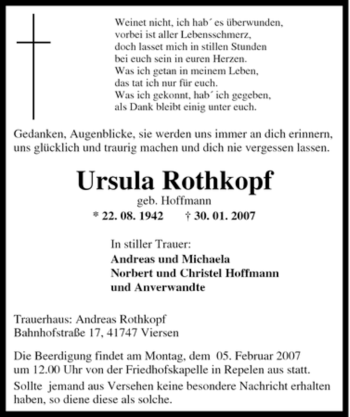 Traueranzeige von Ursula Rothkopf von Tageszeitung
