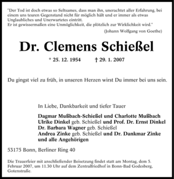 Traueranzeige von Clemens Schießel von Tageszeitung