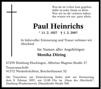 Traueranzeige von Paul Heinrichs von Tageszeitung