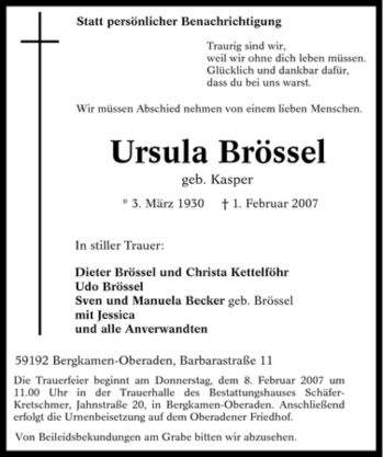 Traueranzeige von Ursula Brössel von Tageszeitung