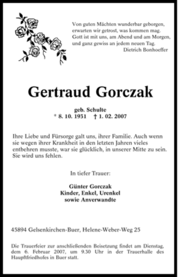 Traueranzeige von Gertraud Gorczak von Tageszeitung