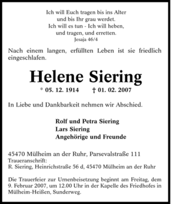 Traueranzeige von Helene Siering von Tageszeitung