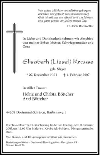 Traueranzeige von Elisabeth Krause von Tageszeitung