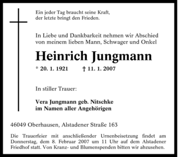 Traueranzeige von Heinrich Jungmann von Tageszeitung