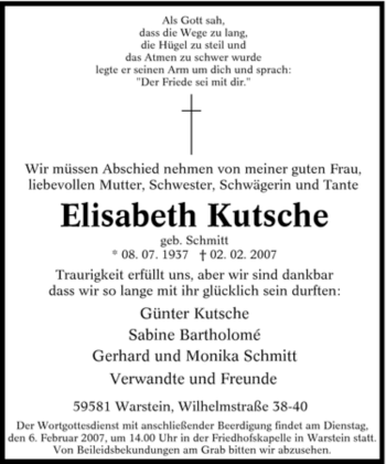 Traueranzeige von Elisabeth Kutsche von Tageszeitung