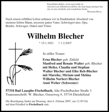 Traueranzeige von Wilhelm Blecher von Tageszeitung
