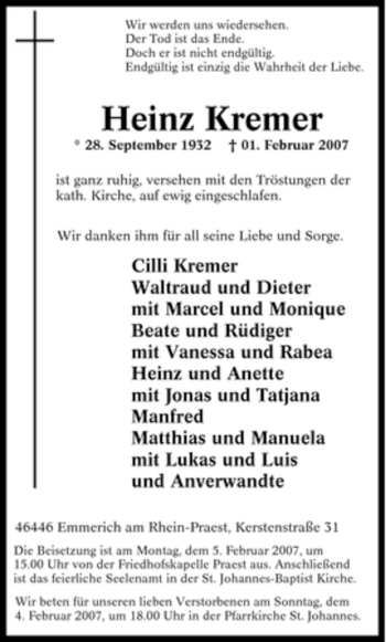 Traueranzeige von Heinz Kremer von Tageszeitung