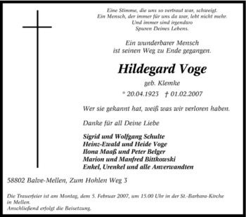 Traueranzeige von Hildegard Voge von Tageszeitung