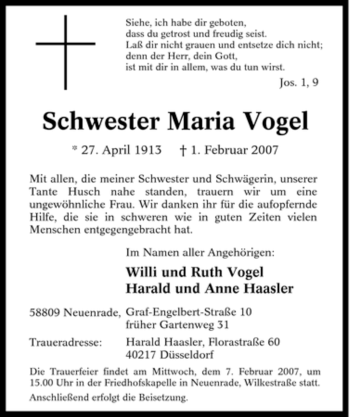 Traueranzeige von Maria Vogel von Tageszeitung