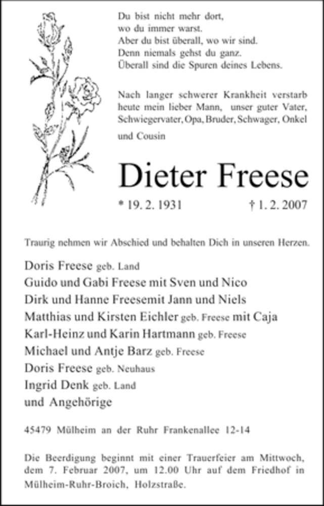  Traueranzeige für Dieter Freese vom 03.02.2007 aus Tageszeitung