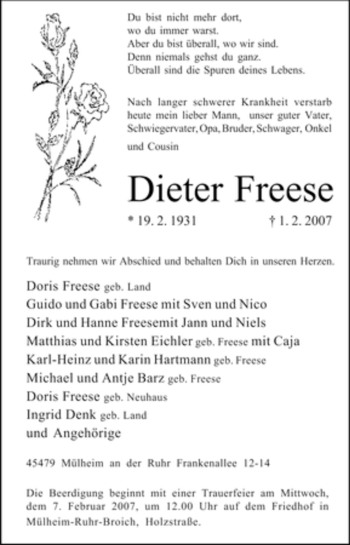Traueranzeige von Dieter Freese von Tageszeitung