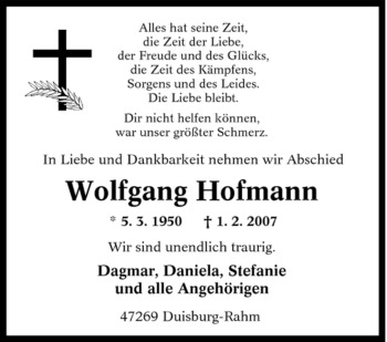 Traueranzeige von Wolfgang Hofmann von Tageszeitung