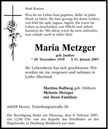 Traueranzeige von Maria Metzger von Tageszeitung