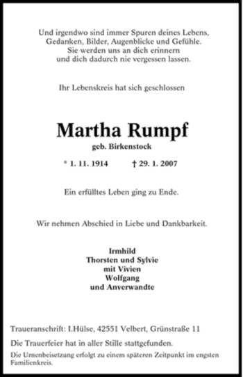 Traueranzeige von Martha Rumpf von Tageszeitung