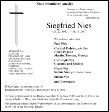 Traueranzeige von Siegfried Nies von Tageszeitung