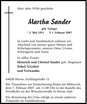 Traueranzeige von Martha Sander von Tageszeitung