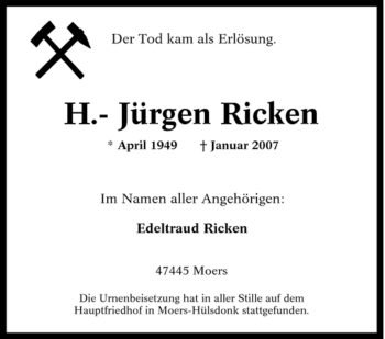 Traueranzeige von H.- Jürgen Ricken von Tageszeitung