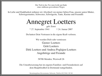Traueranzeige von Annegret Loetters von Tageszeitung