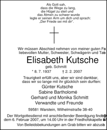 Traueranzeige von Elisabeth Kutsche von Tageszeitung