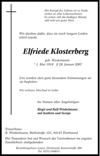 Traueranzeige von Elfriede Klosterberg von Tageszeitung