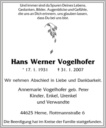 Traueranzeige von Hans Werner Vogelhofer von Tageszeitung