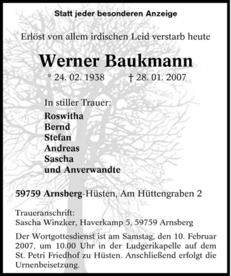  Traueranzeige für Werner Baukmann vom 05.02.2007 aus Tageszeitung