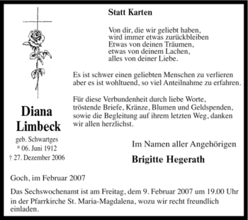 Traueranzeige von Diana Limbeck von Tageszeitung
