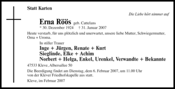 Traueranzeige von Erna Röös von Tageszeitung
