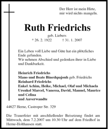 Traueranzeige von Ruth Friedrichs von Tageszeitung