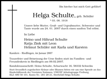 Traueranzeige von Helga Schüler von Tageszeitung