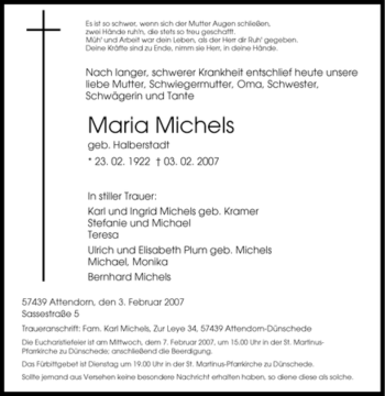 Traueranzeige von Maria Michels von Tageszeitung