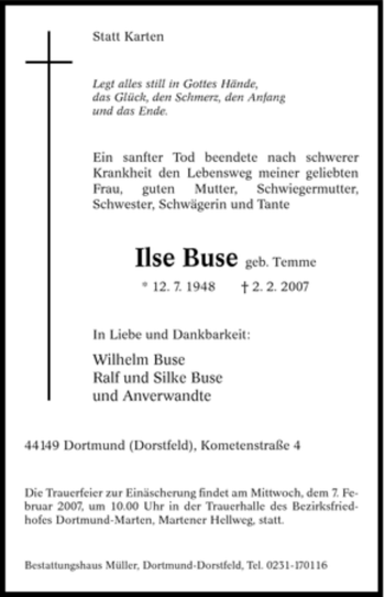 Traueranzeige von Ilse Buse von Tageszeitung
