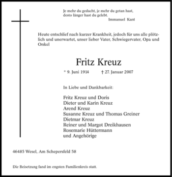 Traueranzeige von Fritz Kreuz von Tageszeitung