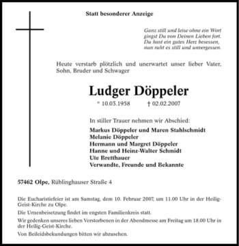 Traueranzeige von Ludger Döppeler von Tageszeitung
