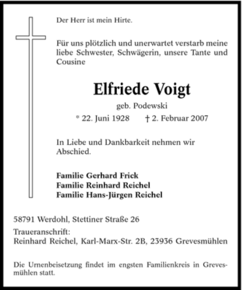 Traueranzeige von Elfriede Voigt von Tageszeitung