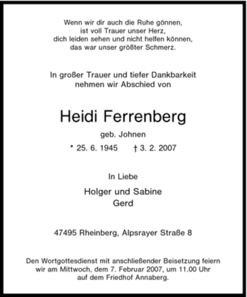 Traueranzeige von Heidi Ferrenberg von Tageszeitung