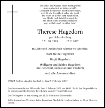 Traueranzeige von Therese Hagedorn von Tageszeitung