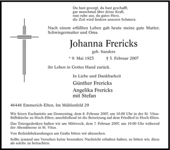 Traueranzeige von Johanna Frericks von Tageszeitung