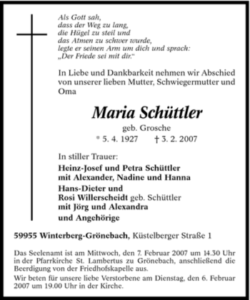 Traueranzeige von Maria Schüttler von Tageszeitung