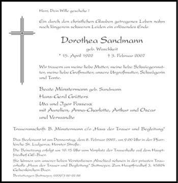 Traueranzeige von Dorothea Sandmann von Tageszeitung