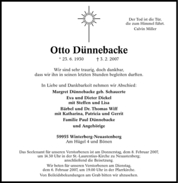 Traueranzeige von Otto Dünnebacke von Tageszeitung