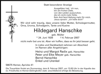 Traueranzeige von Hildegard Hanschke von Tageszeitung