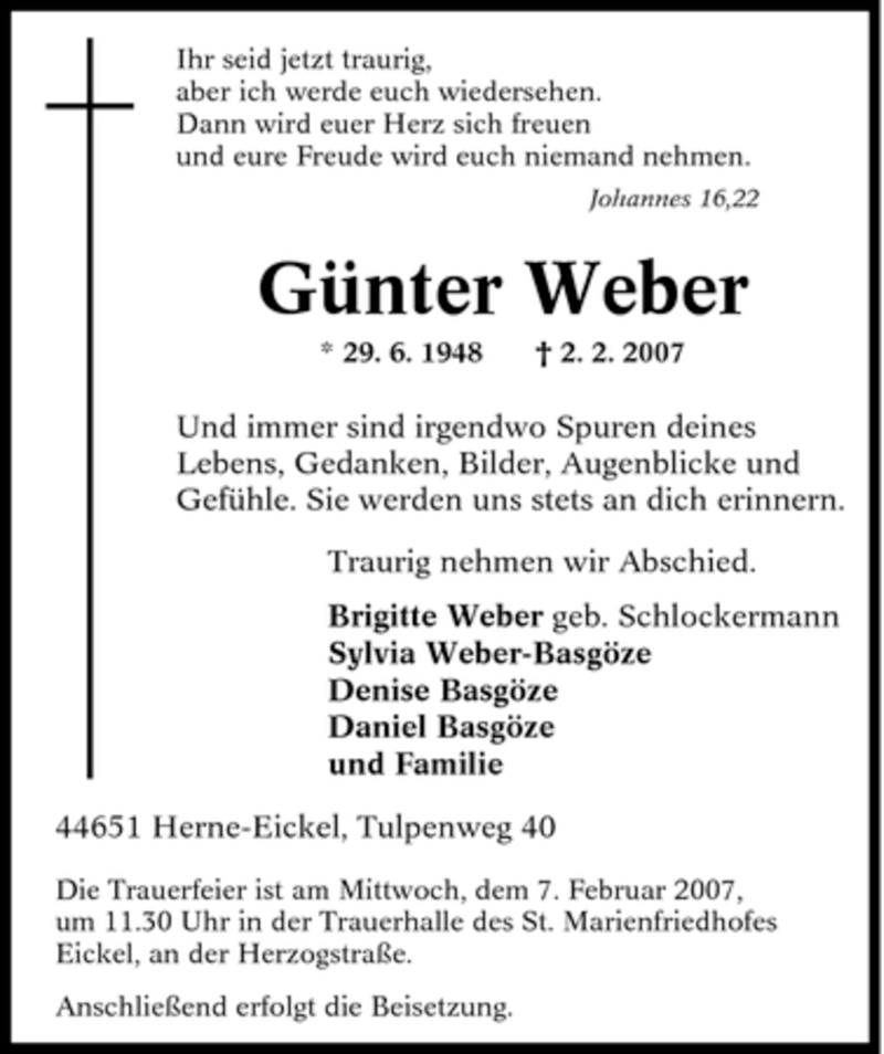  Traueranzeige für Günter Weber vom 05.02.2007 aus Tageszeitung