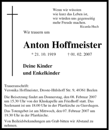 Traueranzeige von Anton Hoffmeister von Tageszeitung