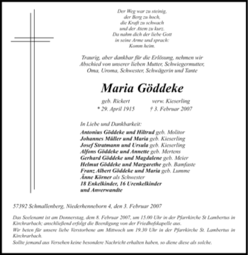 Traueranzeige von Maria Göddeke von Tageszeitung