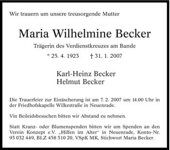 Traueranzeige von Maria Wilhelmine Becker von Tageszeitung