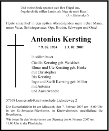 Traueranzeige von Antonius Kersting von Tageszeitung