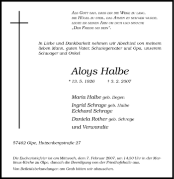Traueranzeige von Aloys Halbe von Tageszeitung