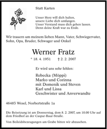 Traueranzeige von Werner Fratz von Tageszeitung