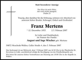 Traueranzeige von Franz Mertens von Tageszeitung